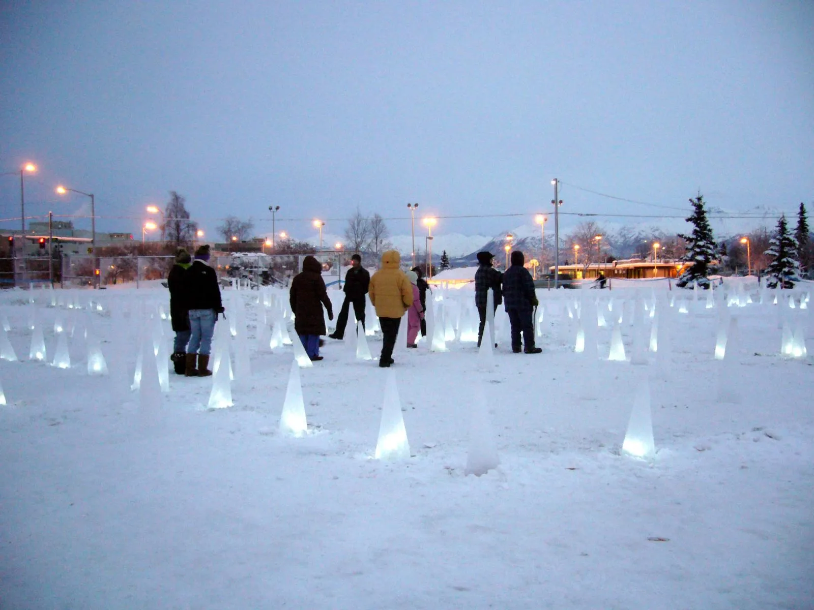 Wide view of the installation with visitors walking between the light lines